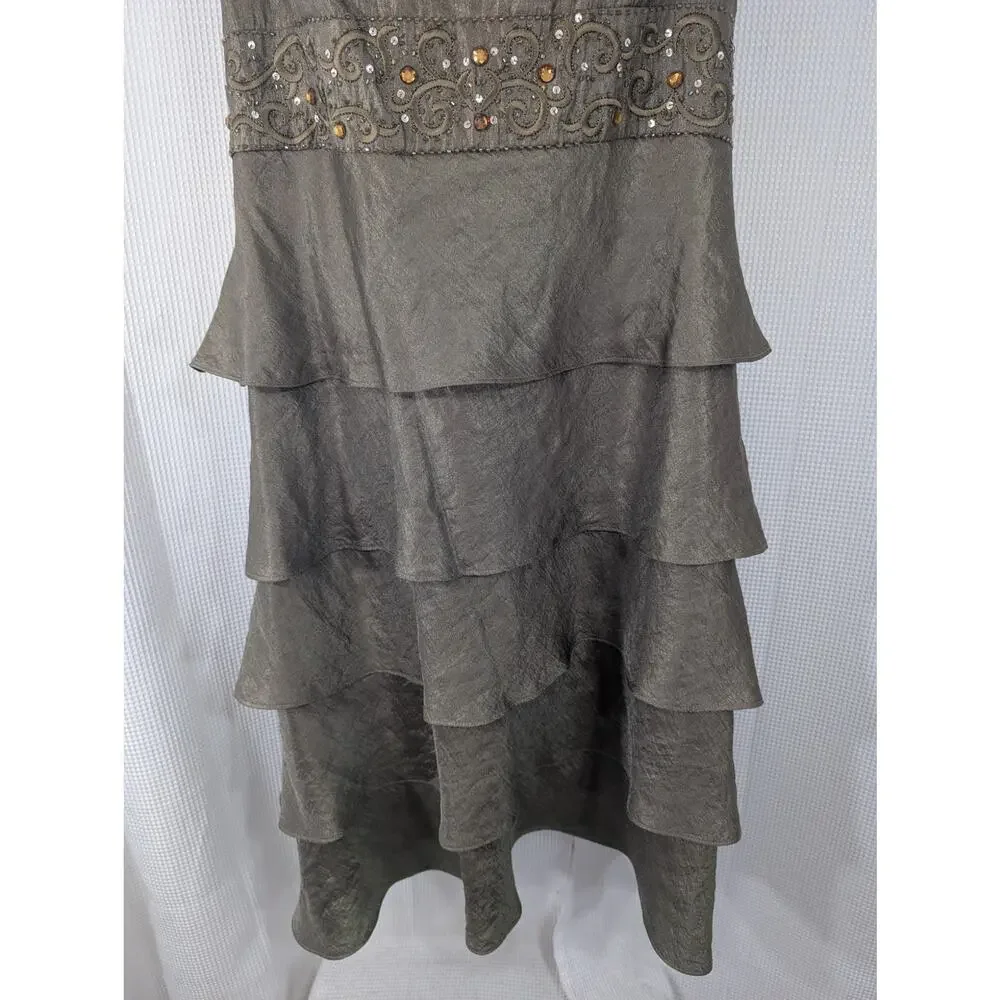R & M RICHARDS! PALE GREEN/GRAY JEWELED/BEADED, TIERED SKIRT SHIMMERY DRESS! 18W